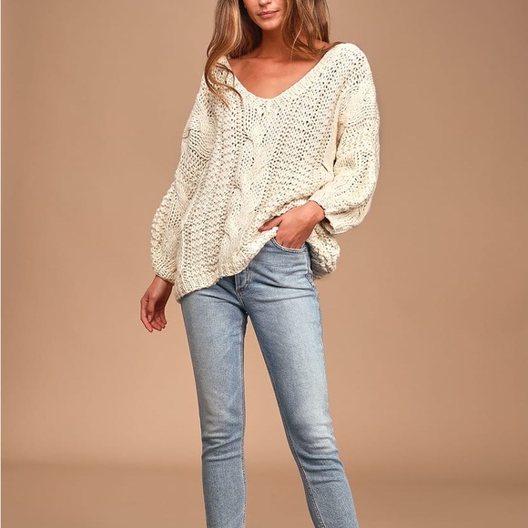 Beige Cable Knit Balloon Sleeve Sweater - Picture 2 of 6